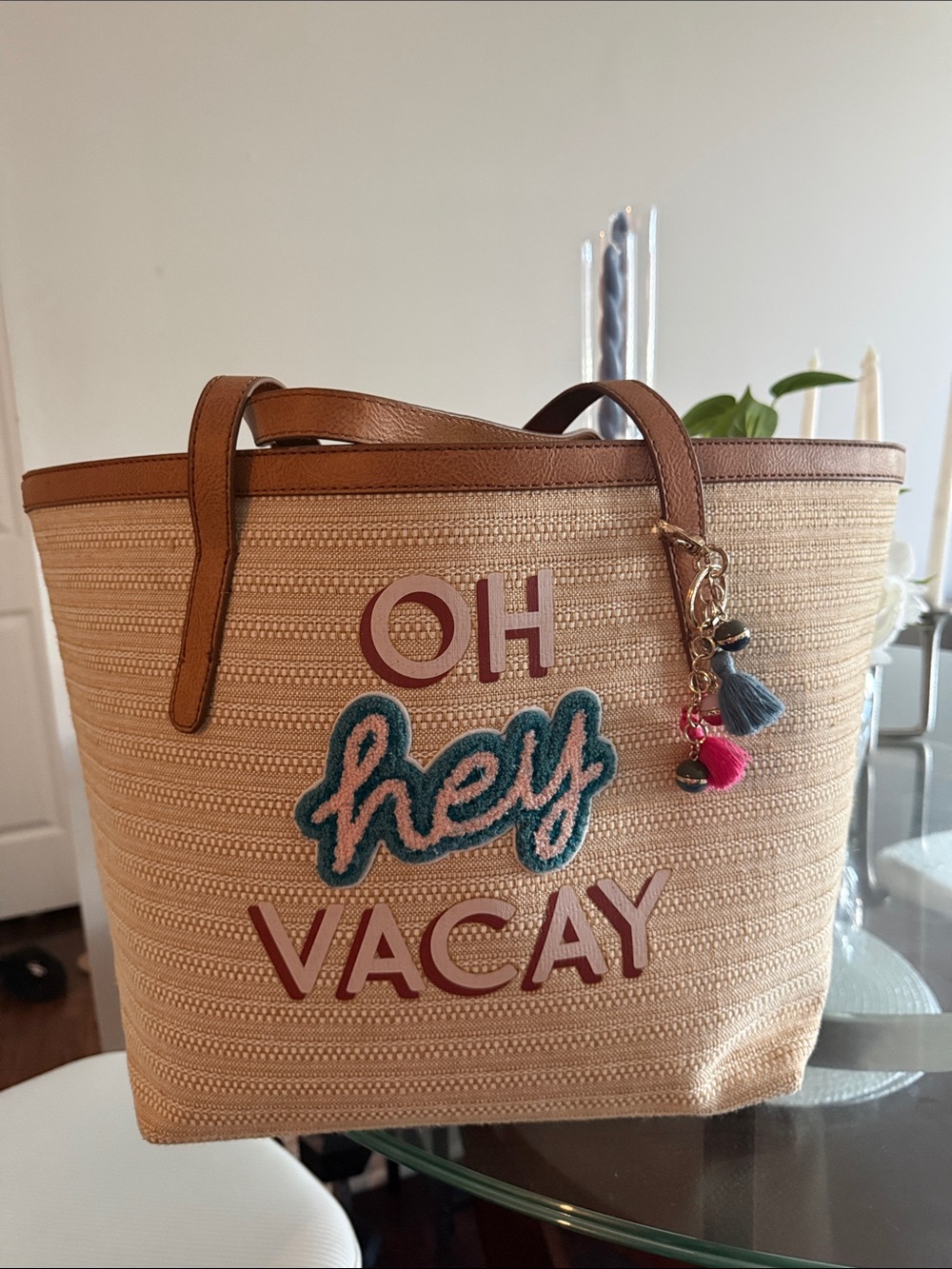 Fossil Beige Straw Tote with Brown Trim and Teal Pink Accents